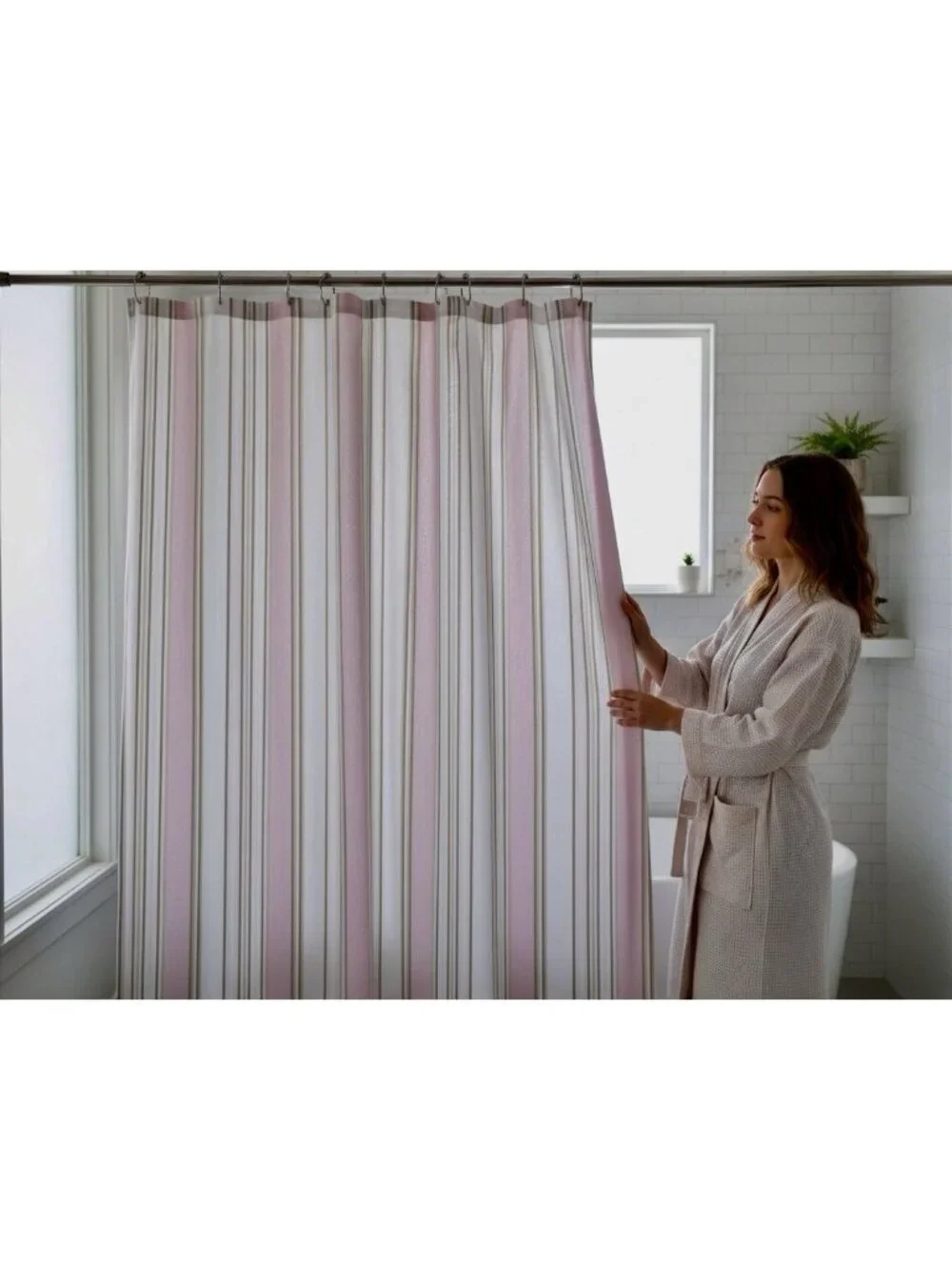 CHARTER CLUB Shower Curtain Striped Pink Taupe White Cotton Poly 71